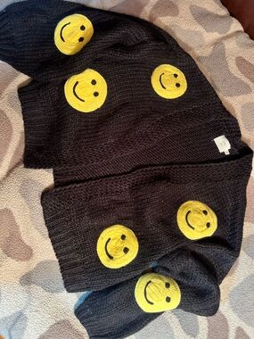 Black Smiley Patch Knit Cardigan - Women